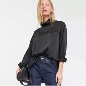 Weekday ASOS Moira Oversized Black Satin High Neck Blouse Extra Small